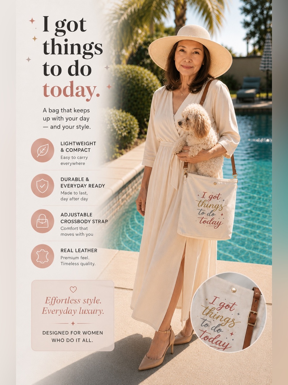 Canvas Crossbody Tote with Script Slogan - Cream & Brown